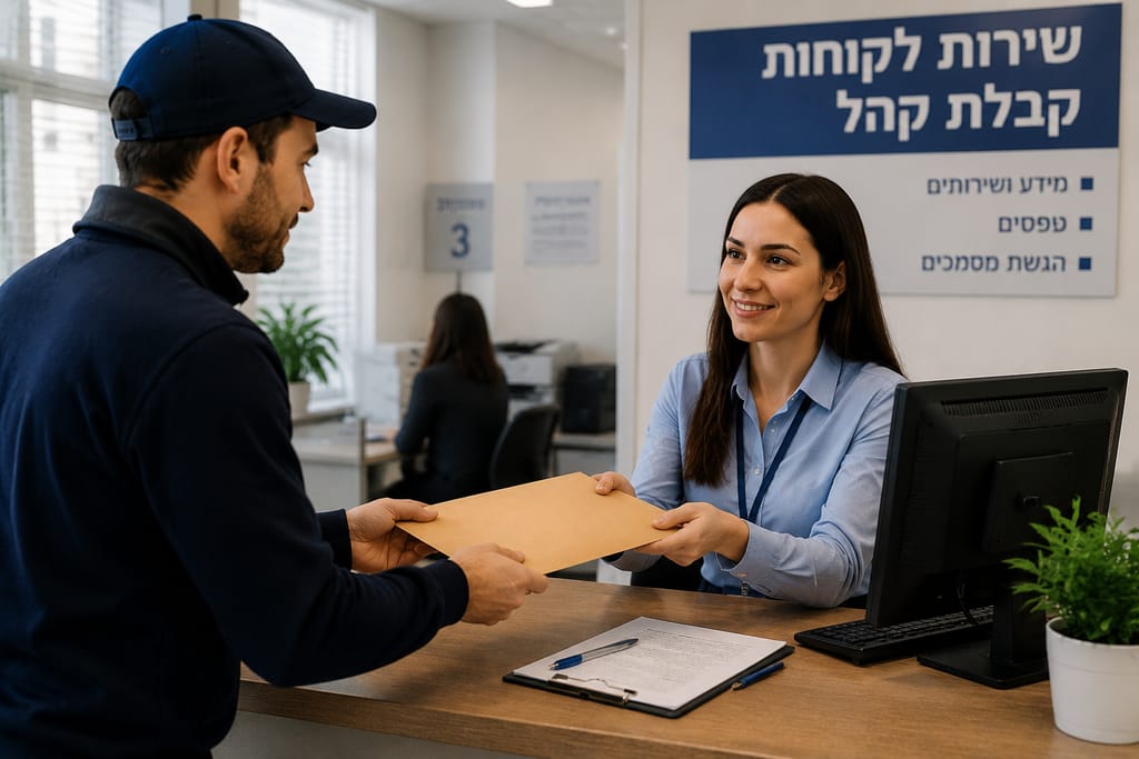 chatgpt שליח מקצועי מעביר מעטפה עם מסמכים חשובים